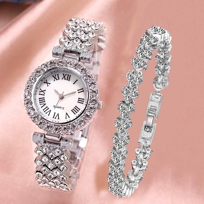 Elegancki zestaw ze stalowym zegarkiem i bransoletą z diamentami HG18