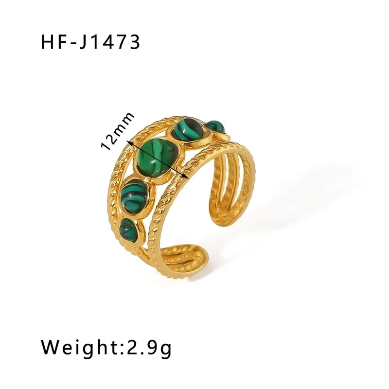 Eleganter offener Ring aus Edelstahl 18 Karat vergoldet mit grünen Edelsteinen RC21